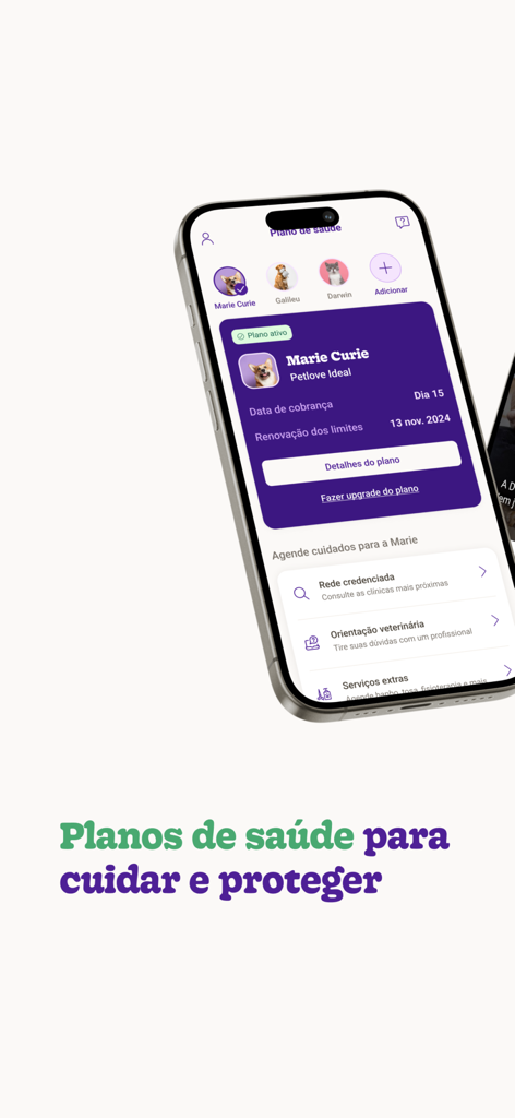 Petlove: petshop e saúde pet - Petlove-App-Oberfläche, die Details zu Tierkrankenversicherungsplänen und tierärztlichen Dienstleistungen anzeigt