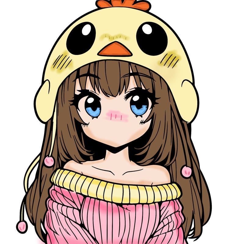 anime girl with chick shaped hat with sweater with bare shoulders with bangs covering them one eye with low tail