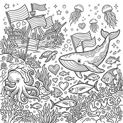 Explore a vibrant underwater world celebrating Pride Month with our unique coloring page. This intricate design features majestic whales, playful turtles, and a variety of sea life, all adorned with symbols of love and community.