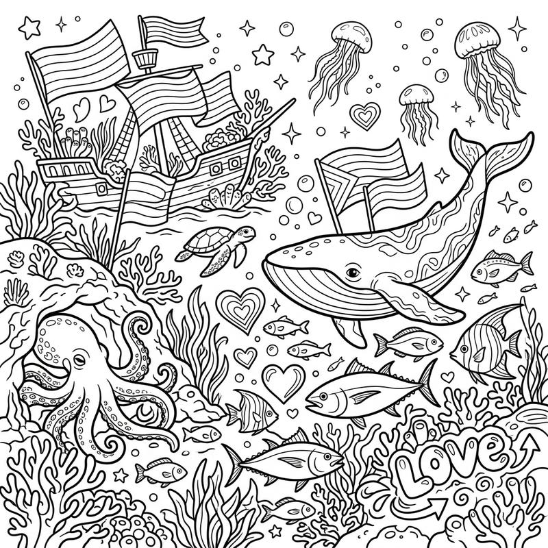 Explore a vibrant underwater world celebrating Pride Month with our unique coloring page. This intricate design features majestic whales, playful turtles, and a variety of sea life, all adorned with symbols of love and community.