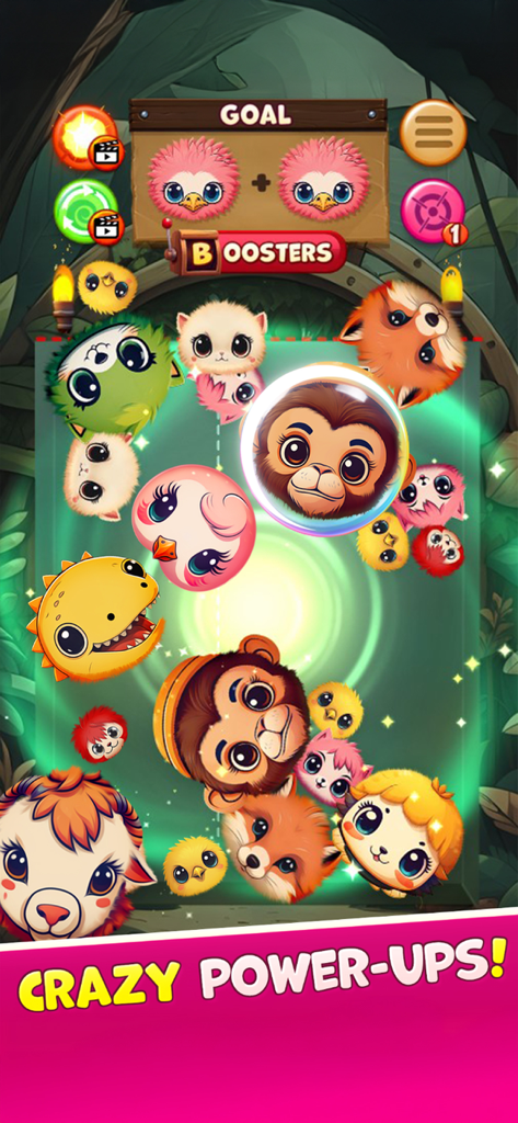 Animal Suika mobile game screen featuring cute merging animals and power up boosters