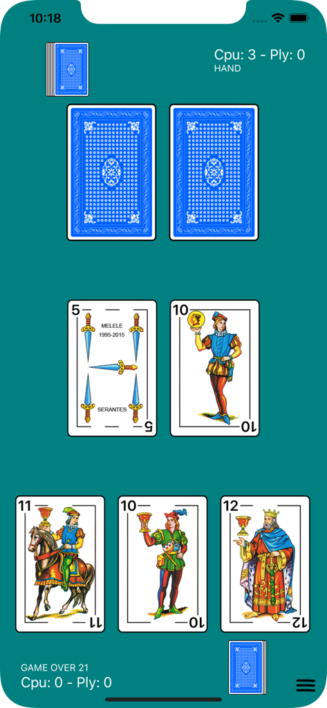 Partida de iEscoba mostrando las cartas tradicionales españolas en una pantalla de móvil en orientación vertical.