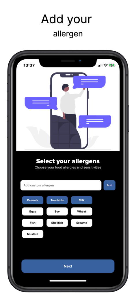 A mobile app screen for selecting food allergens and sensitivities like peanuts milk and eggs