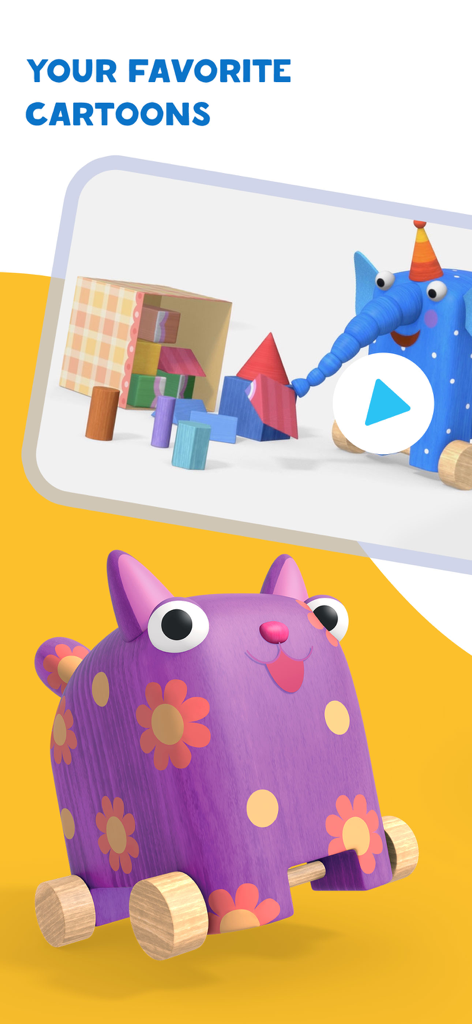 MOOLT – cartoons for children - Animated purple cat and blue elephant characters on a yellow background in the MOOLT kids app