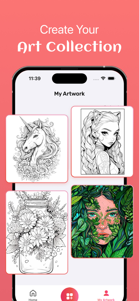 A mobile phone screen showing a gallery of drawings including a unicorn and anime characters under the title Create Your Art Collection.