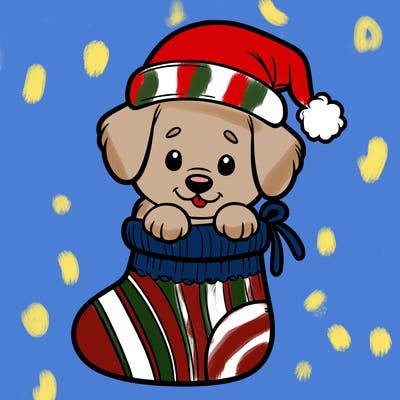cute puppy wearing santa hat in socking
