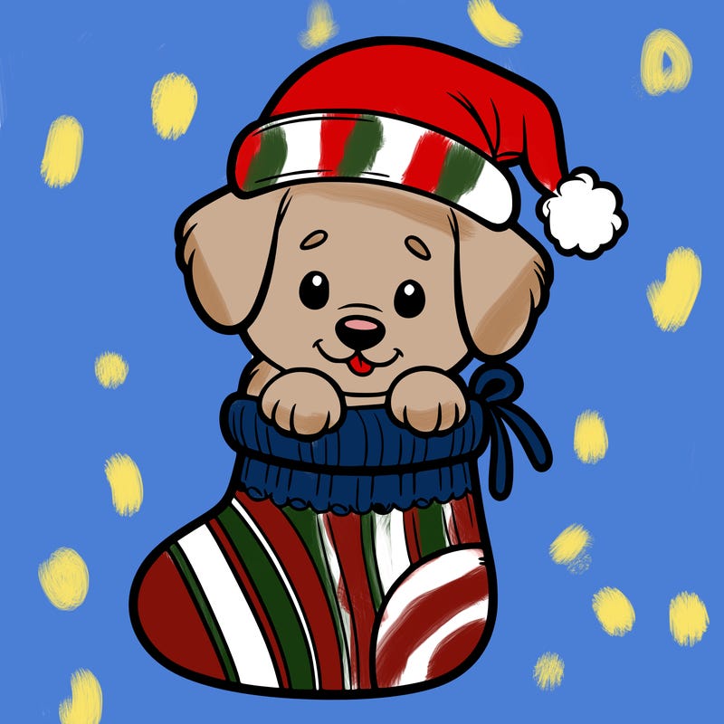 cute puppy wearing santa hat in socking