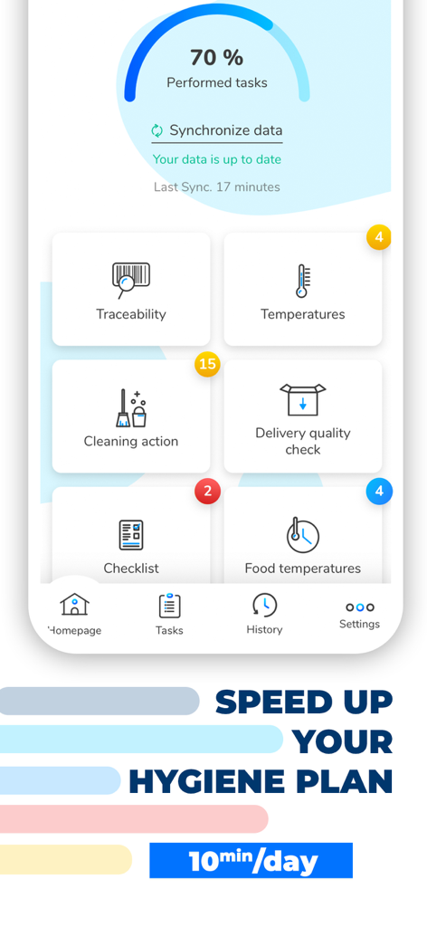 Tableau de bord de l'application traqfood affichant la progression du plan d'hygiène et les tâches de gestion de la sécurité alimentaire