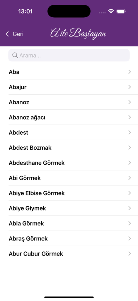 Rüya Tabirleri AI - Interfaccia dell'app Ruya Tabirleri AI che mostra un elenco alfabetico di termini onirici turchi che iniziano con la lettera A.