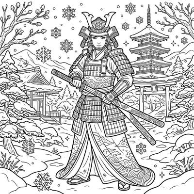 Step into a serene, snow-covered landscape with this captivating coloring page featuring a majestic samurai katana wielder. Immerse yourself in the intricate details of their armor and the beautiful Japanese winter scenery, perfect for a relaxing coloring session.