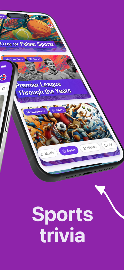 Quiz from Quizery - Una pantalla de smartphone que muestra varios paquetes de quizzes de trivia deportiva dentro de la aplicación Quizery.