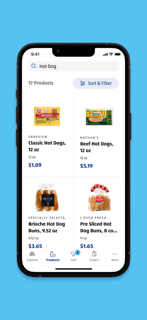 ALDI USA - Mobile screen showing search results for hot dogs and buns in the ALDI USA app with prices and product images.