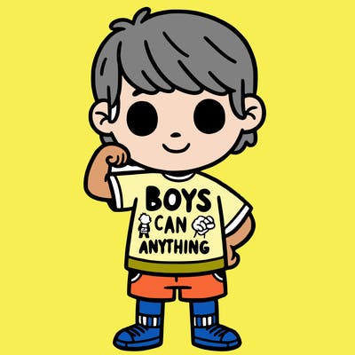 boy, wearing a shirt saying boys can do anything.