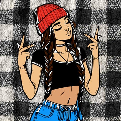 realistic teenage girl with braids and a beanie and crop top doing 🫶🏼