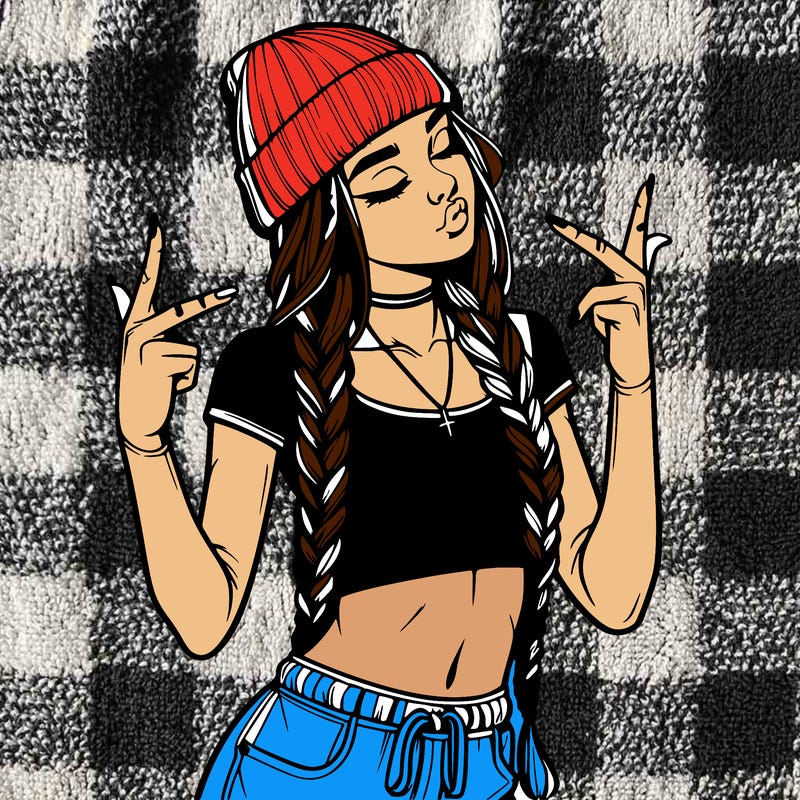 realistic teenage girl with braids and a beanie and crop top doing 🫶🏼