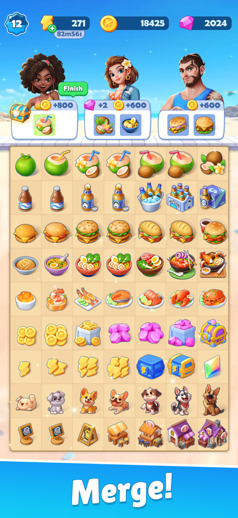 Tasty Travels Merge Game board showing food items characters and orders on a beach background