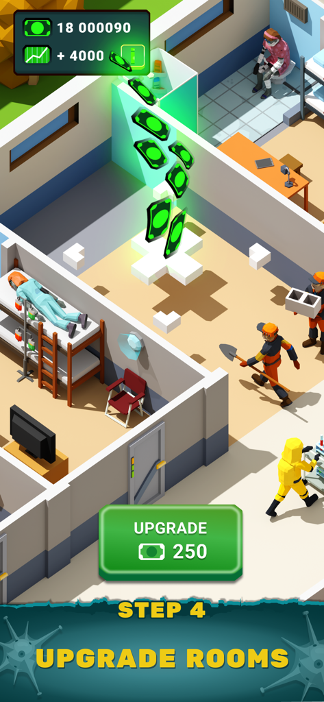 Ein Gameplay-Screenshot von Idle Zombie Hospital Tycoon, der Raum-Upgrades mit Sanitätern und Zombie-Patienten zeigt