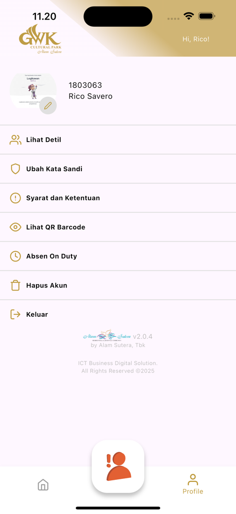 Mobile app interface for GWKu user profile showing employee information and operational menu items like on duty check in