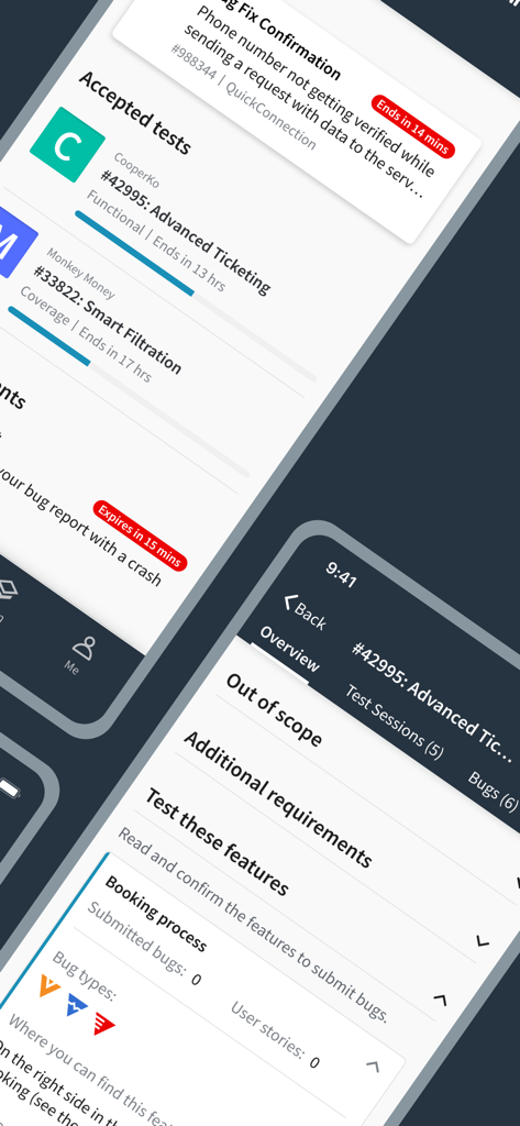 Mobile app interface showing accepted testing tasks and detailed project requirements for crowdtesting.