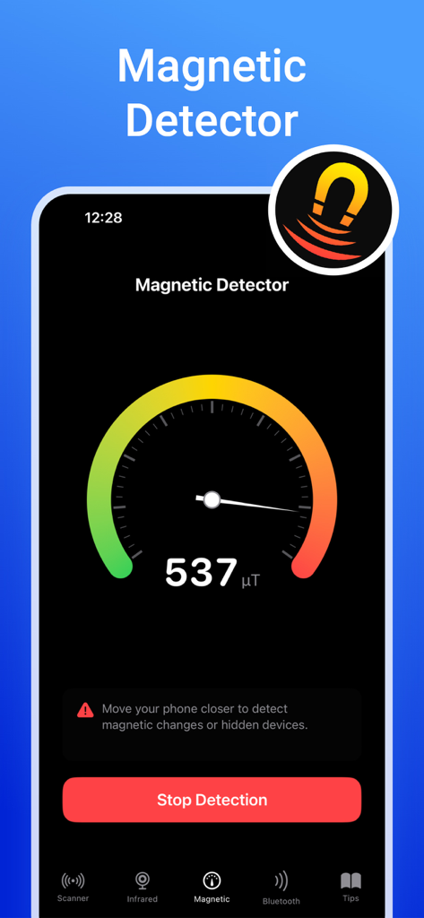 Hidden Camera Detector - Sweep - Interfaz del detector magnético en la app Sweep mostrando niveles de campo magnético en microteslas