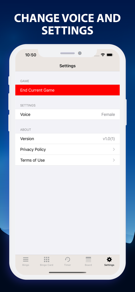 Bingo Caller at Home - Settings screen of the Bingo Caller at Home app showing voice selection and game control options