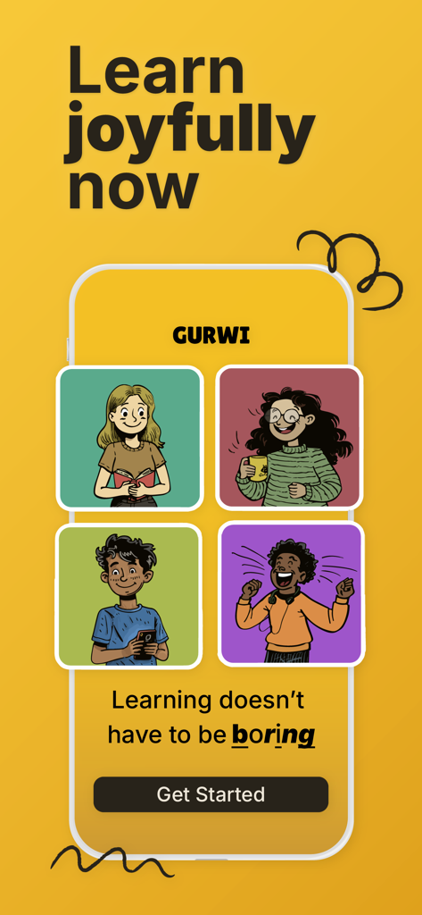 Gurwi educational app splash screen with four illustrated characters and the text Learn joyfully now