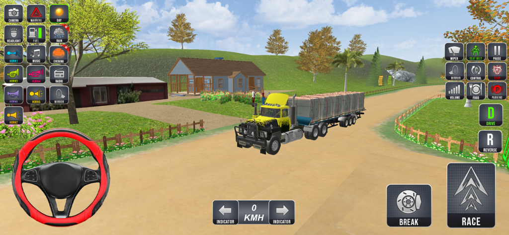 US Cargo Truck Driving 3D Game - Un camión semirremolque amarillo y negro que transporta carga por una carretera rural en un juego simulador de conducción de camiones 3D.