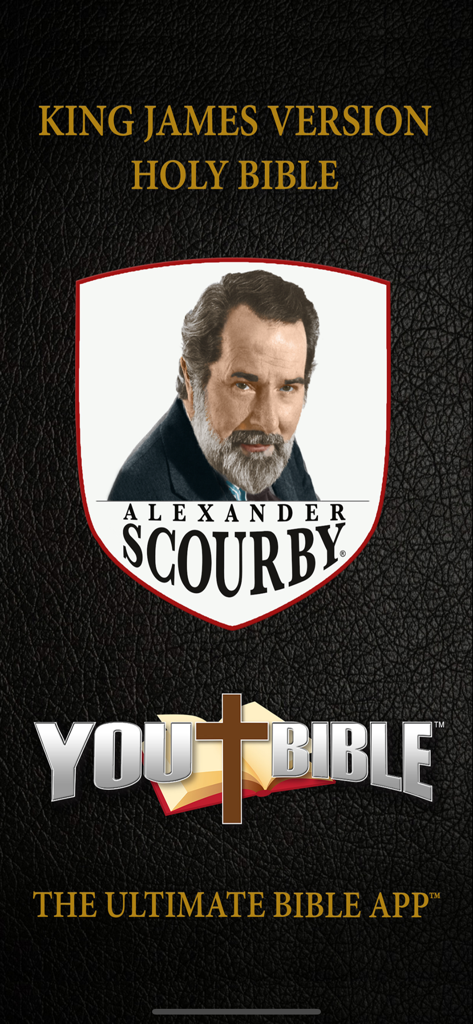Scourby YouBible - Scourby YouBible app splash screen featuring Alexander Scourby and King James Version Holy Bible text on a black leather background