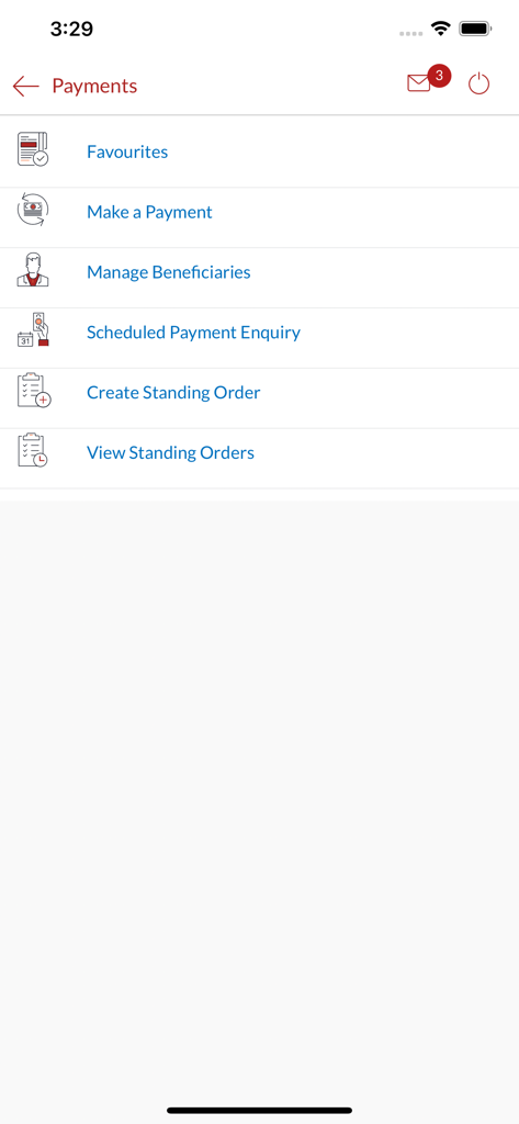 Payments menu screen of the Gibraltar International Bank app with payment and standing order options.