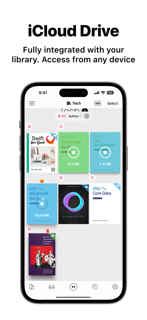Booklover - eBook Reader - Booklover app on iPhone showing digital library with technical books and iCloud Drive integration download progress