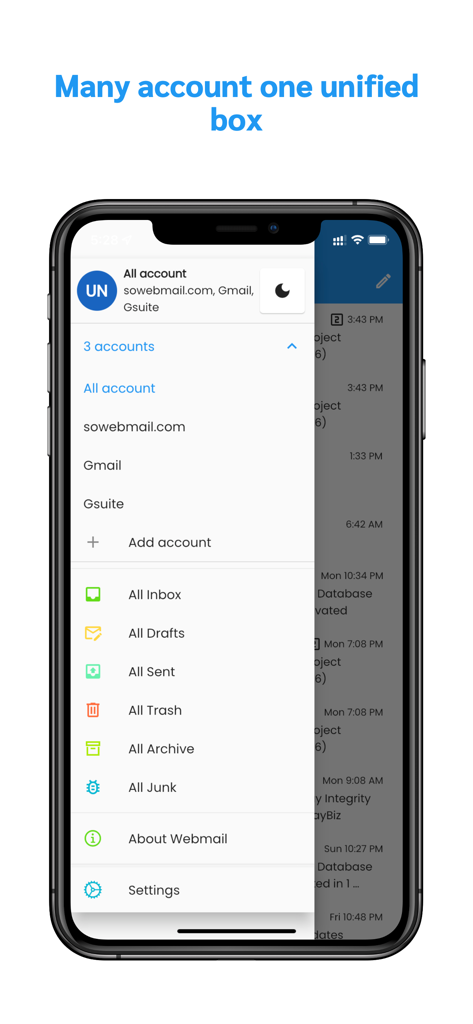 Webmail App - Webmail App unified mailbox screen showing multiple accounts on iPhone
