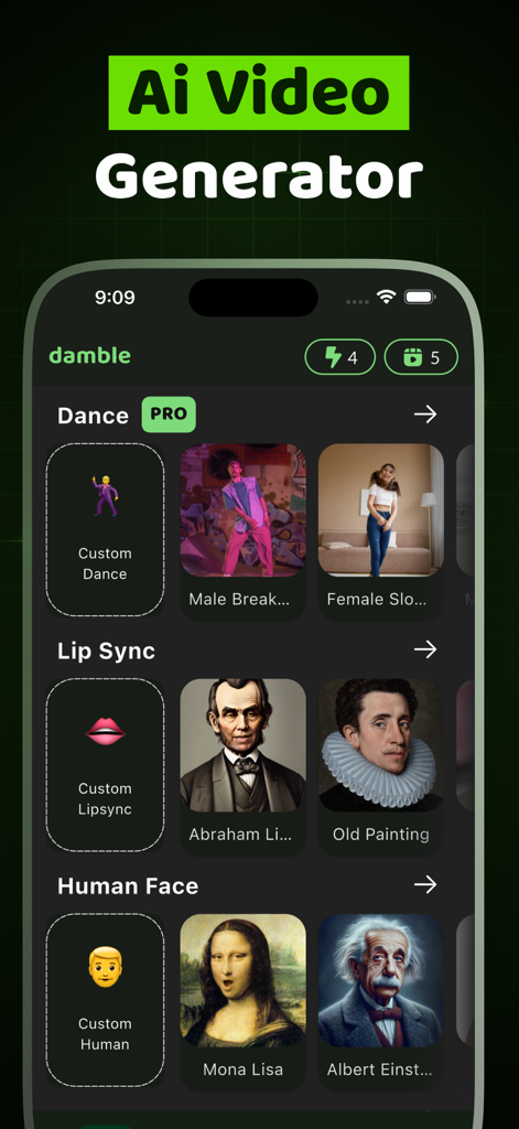 Interface of the Damble app showing AI categories for photo dance and lip sync animation