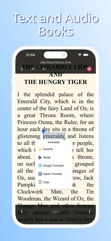 English Reading & Audio Books - Screenshot of an English reading app showing a classic book with a word translation and audio pronunciation menu open