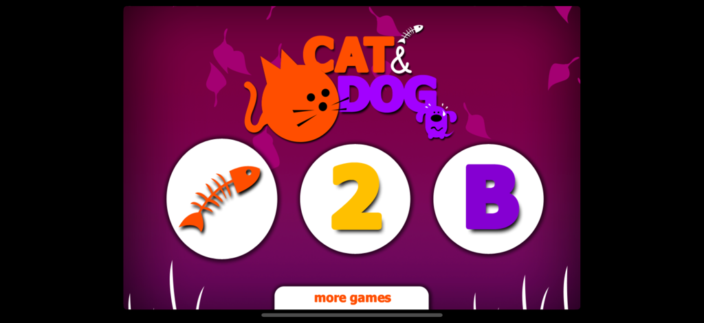 Menú principal de la aplicación Gato y Perro que muestra modos de juego para peces, números y letras