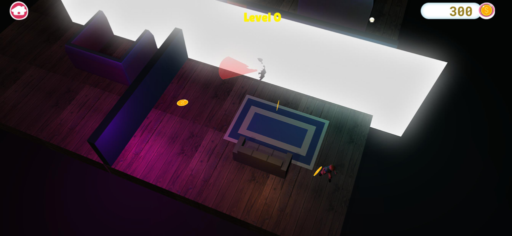 Bobbie Goods Art Coloring Book - Vista de cima de um nível de batalha 3D no aplicativo Bobbie Goods Art Coloring Book onde um personagem explora uma sala e coleta moedas.