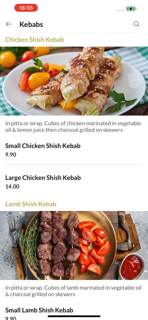 Menu view of Troy Kebab app featuring chicken and lamb shish kebabs with descriptions and prices.