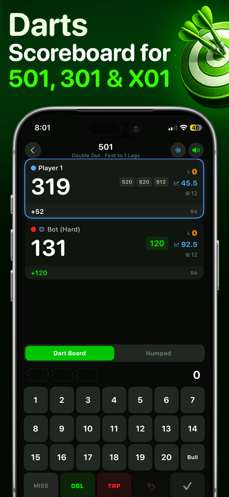 Darts Scoreboard: 501 & 301 - Mobile app interface for a darts scoreboard showing a 501 match against an AI bot