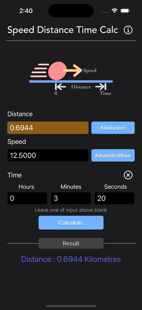 Interface of the Speed Distance Time Calc app showing input fields for distance speed and time