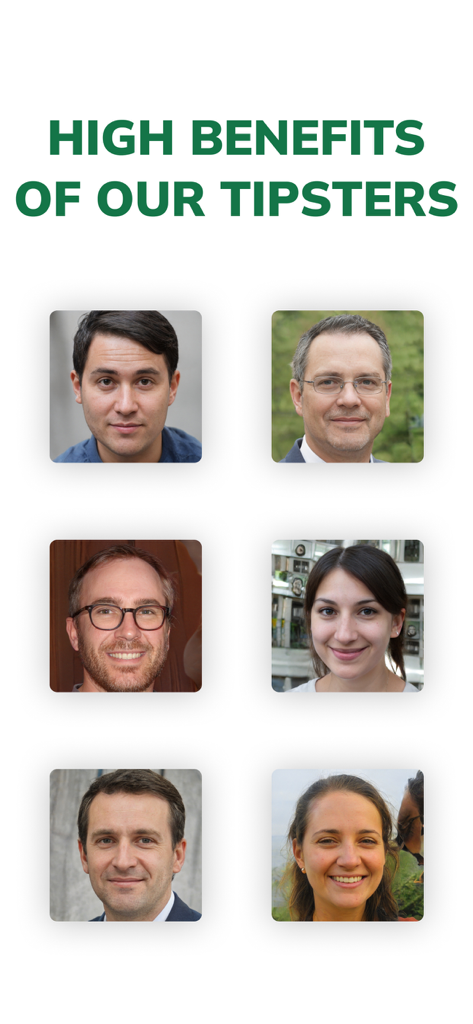 Sport Bet Tips Match - BetAll - A group of expert sports tipsters shown in a grid layout with the text High Benefits of Our Tipsters.