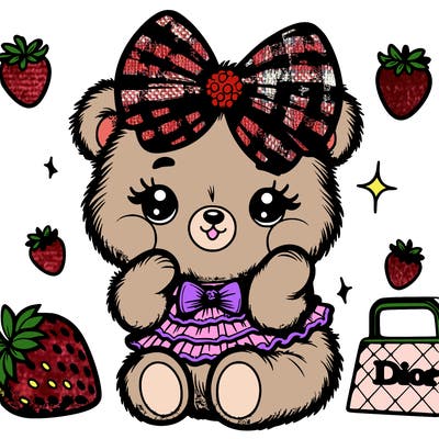 a, bear with a bow very cutie dior aesthetic with little strawberries in the background and coquette