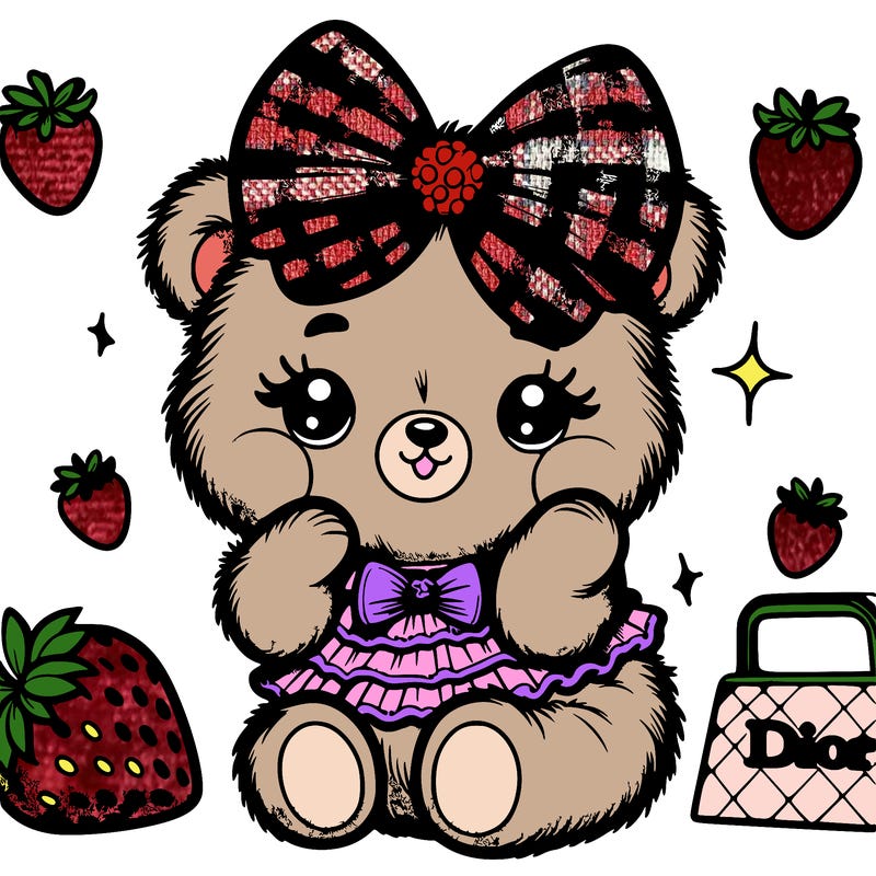 a, bear with a bow very cutie dior aesthetic with little strawberries in the background and coquette