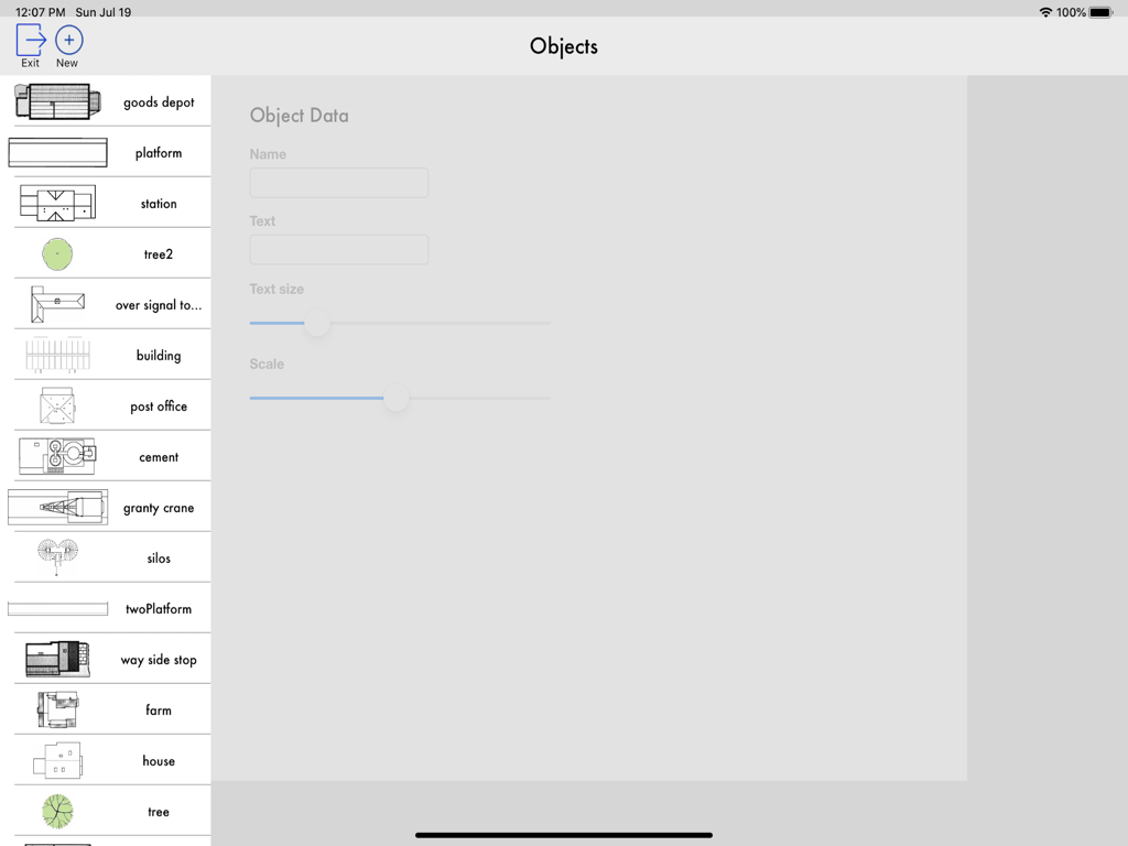 TrainDesign - TrainDesign app interface showing a sidebar list of model railroad objects and a settings panel for object data and scaling