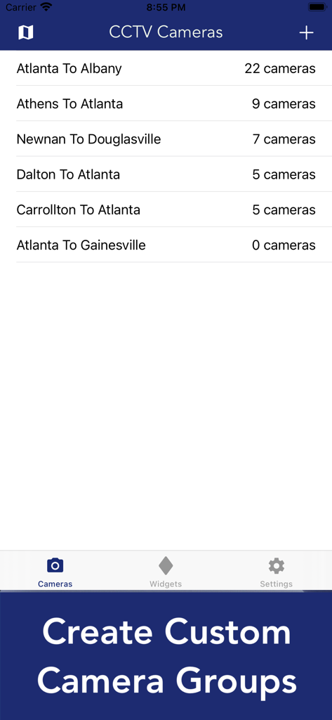 A mobile app interface showing a list of custom traffic camera groups for Georgia routes like Atlanta to Albany and Athens to Atlanta.