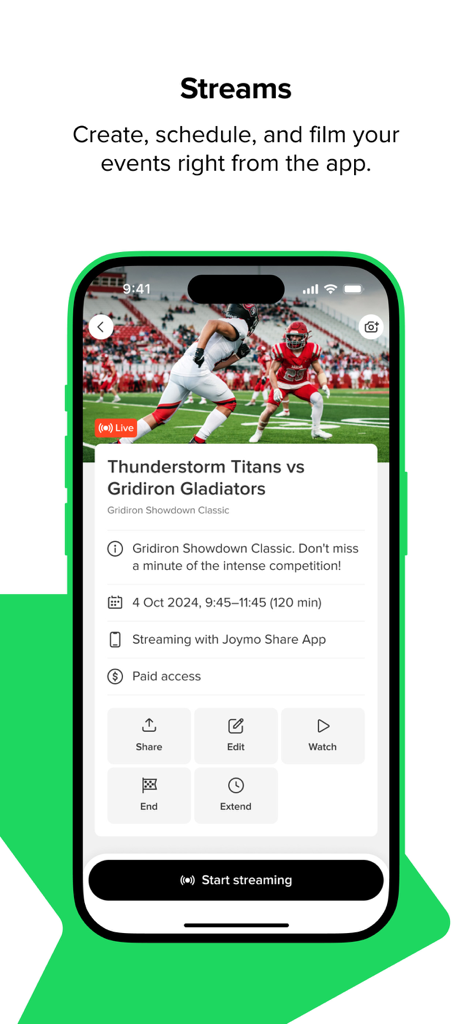 Joymo Share - Joymo Share app interface showing a scheduled football match with a start streaming button.