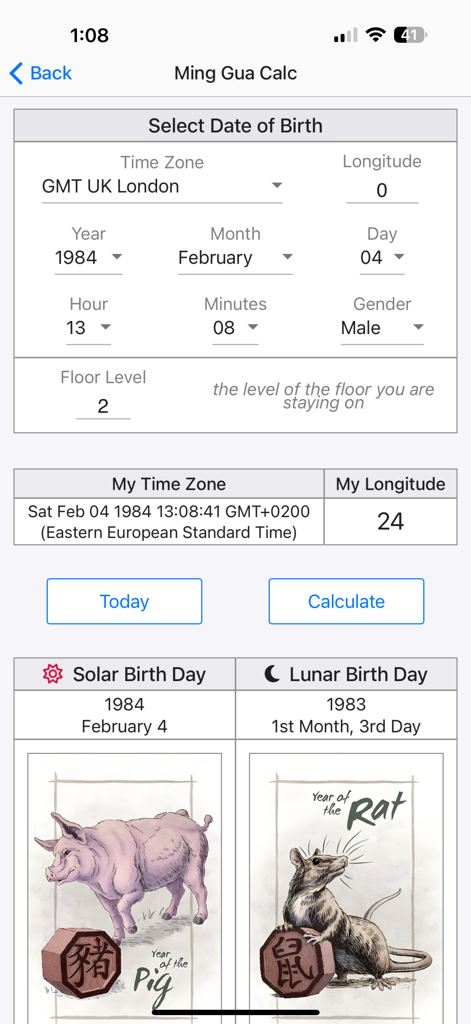 Interface of the Feng Shui Calculator app for Ming Gua calculation featuring birth date selection and Chinese zodiac illustrations for Pig and Rat.