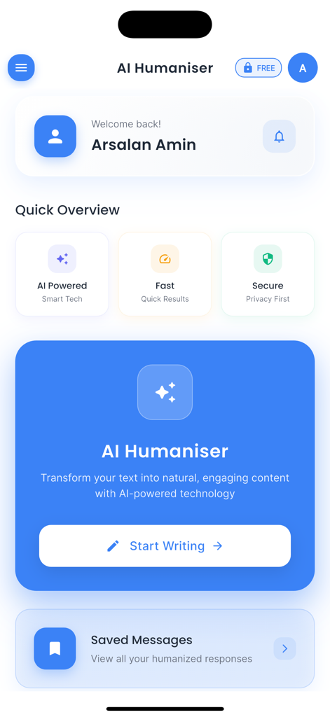 AI Humaniser: Text Bypass - Home dashboard of the AI Humaniser app showing a start writing button and feature highlights for humanizing text