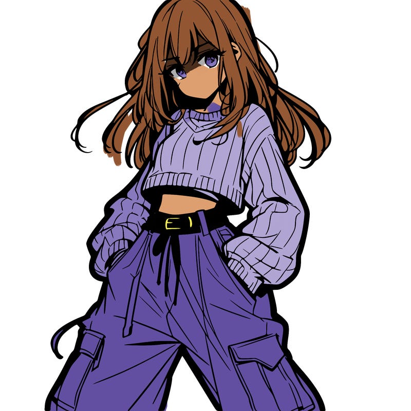 anime teen girl with baggy pants and crop top with sweater