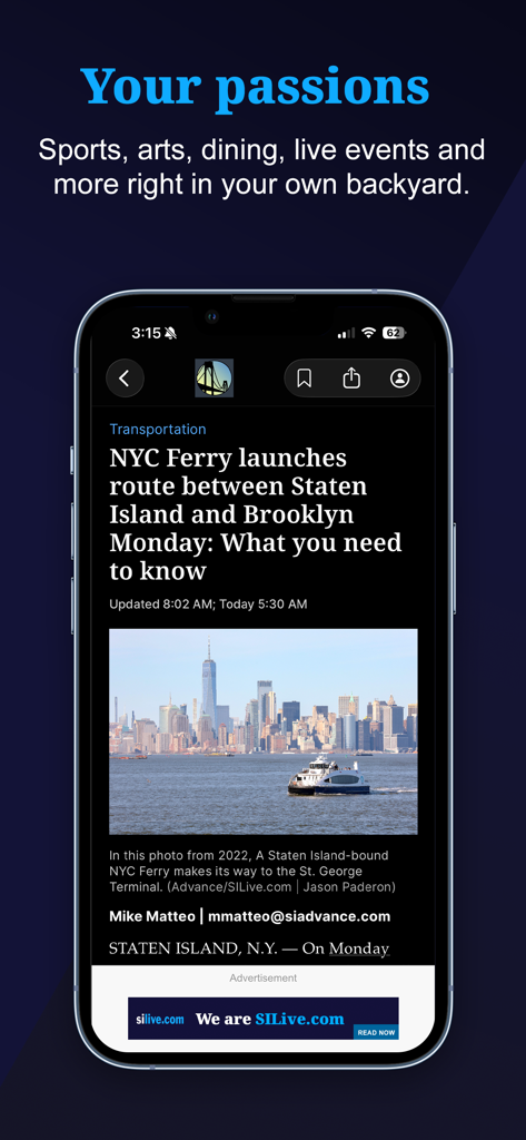 SILive news app displaying a local article about the NYC Ferry route between Staten Island and Brooklyn.