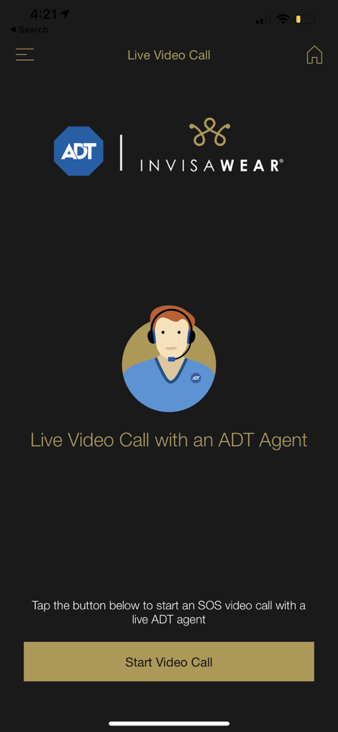 invisaWear - Oberfläche der invisaWear-App, die die Option zum Starten eines Live-Videoanrufs mit einem ADT-Agenten für Notfallhilfe anzeigt.
