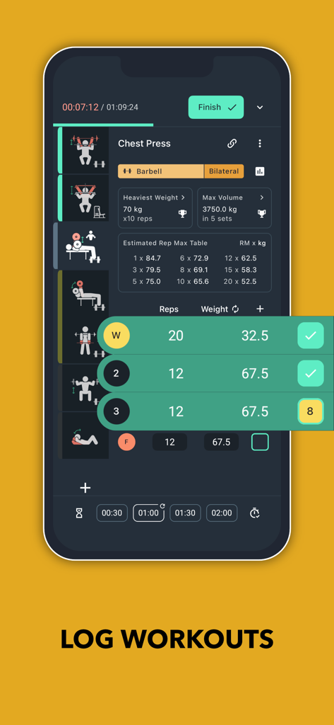 Blast app interface showing a chest press workout being logged with sets reps and weights